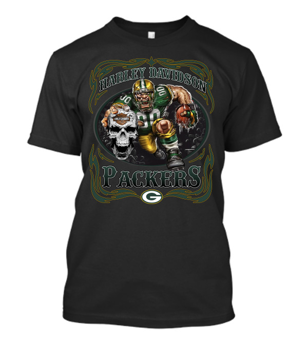 Harley Davidson Green Bay Packers Football Skull T-Shirt