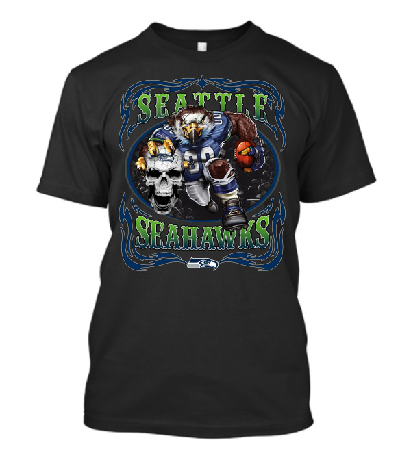 Seattle Seahawks Football Eagle Gridiron Skull On Black T-Shirt