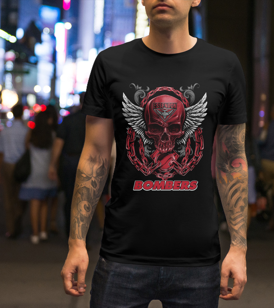 Essendon Bombers Skull With Wings And Chains T-Shirt