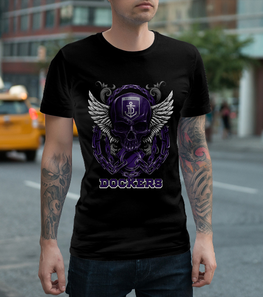 Fremantle Dockers Skull With Chains And Wings Design Est. 1994 T-Shirt