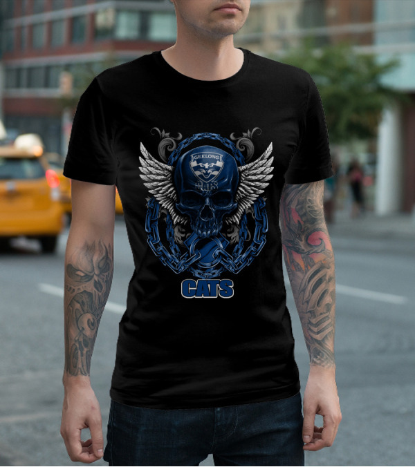 Geelong Cats Skull With Chains And Wings T-Shirt
