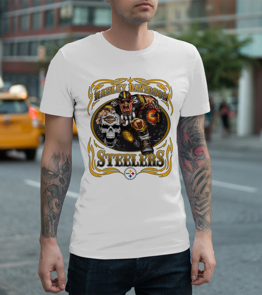 Harley Davidson Steelers Rugged Football Warrior With Fiery Helmet And Skull T-Shirt