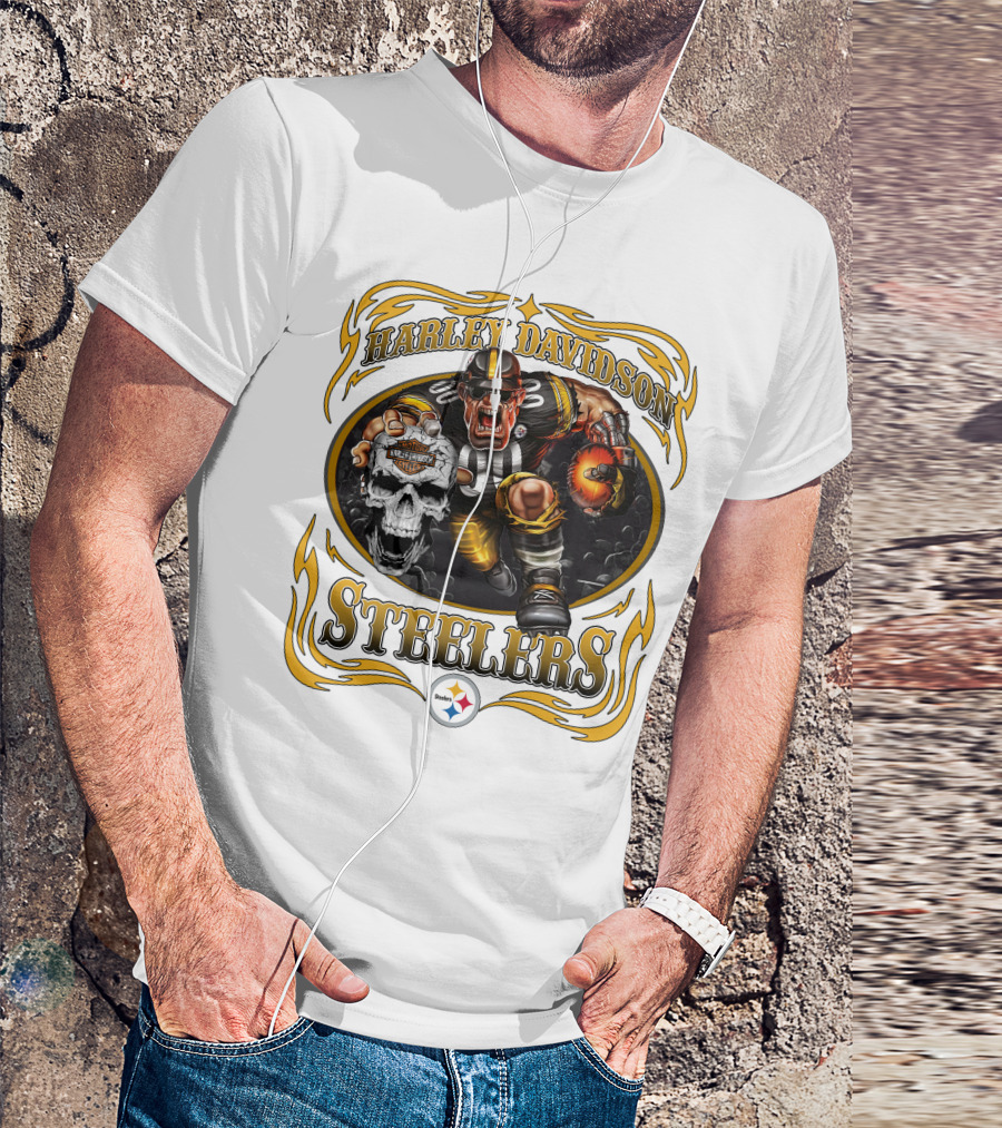 Harley Davidson Steelers Rugged Football Warrior With Fiery Helmet And Skull T-Shirt