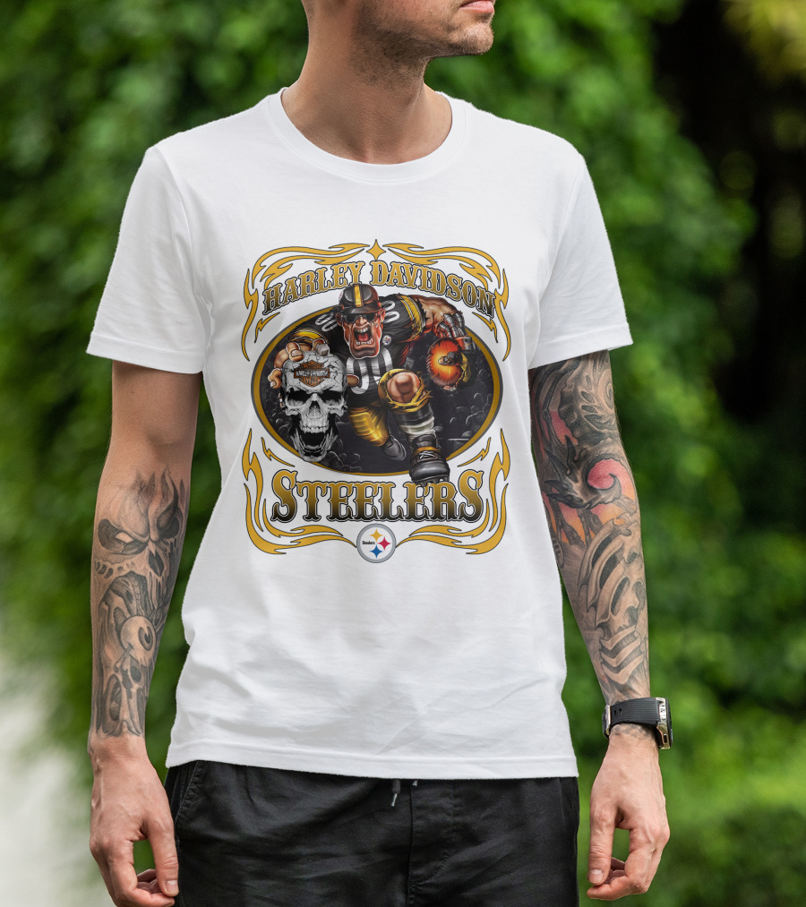 Harley Davidson Steelers Rugged Football Warrior With Fiery Helmet And Skull T-Shirt