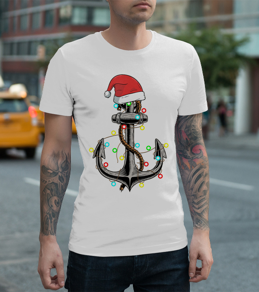 Christmas Lights Santa Hat Anchor Boating Sailing Funny Boat T-Shirt