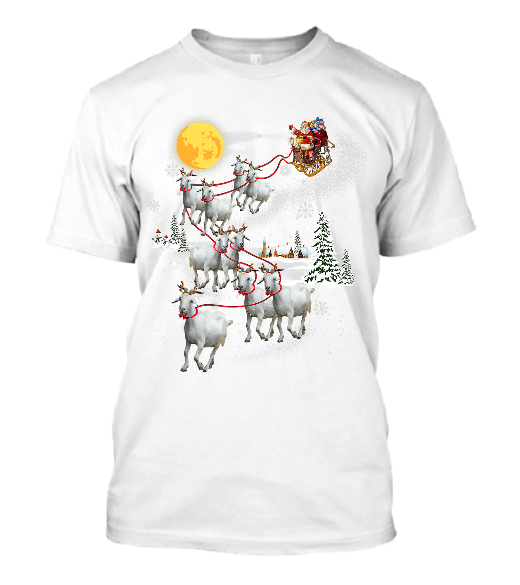 Funny Santa Riding Goat Ugly Christmas Pet Lover Sleigh With Goats And Moon T-Shirt