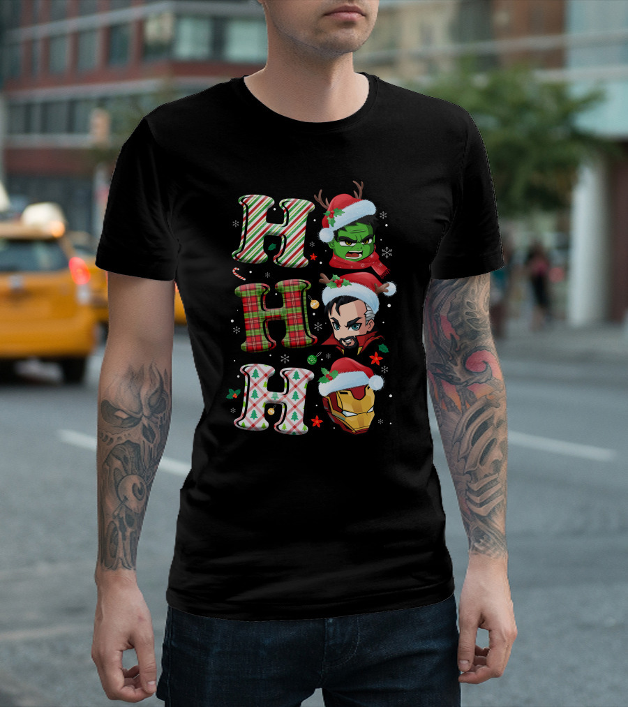 Ho Ho Ho Christmas Heroes Hulk Santa Hulk Ironman T-Shirt