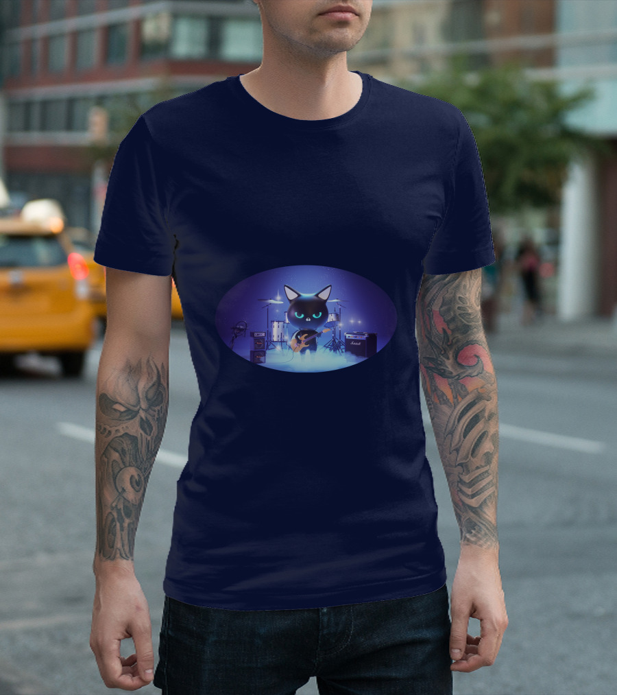 Cat Playing Guitar on Stage with Drums and Amps T-Shirt