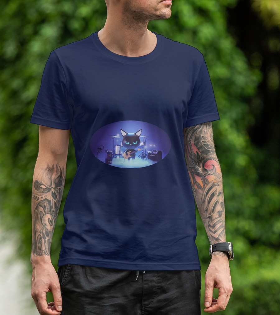 Cat Playing Guitar On Stage With Drums And Amps T-Shirt