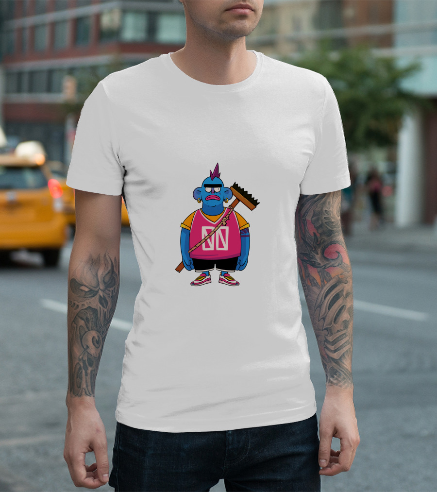 DA CREW Blue Cartoon Character with Broom and Purple Mohawk T-Shirt