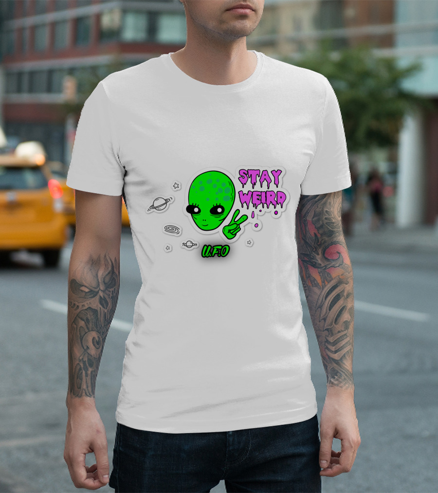 Stay Weird U.F.O. Alien Peace Sign Planet Stickers T-Shirt