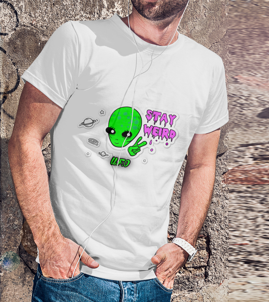Stay Weird U.F.O. Alien Peace Sign Planet Stickers T-Shirt