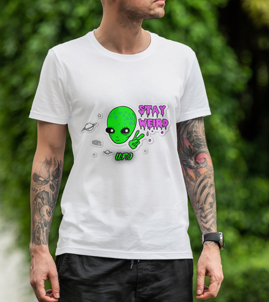 Stay Weird U.F.O. Alien Peace Sign Planet Stickers T-Shirt