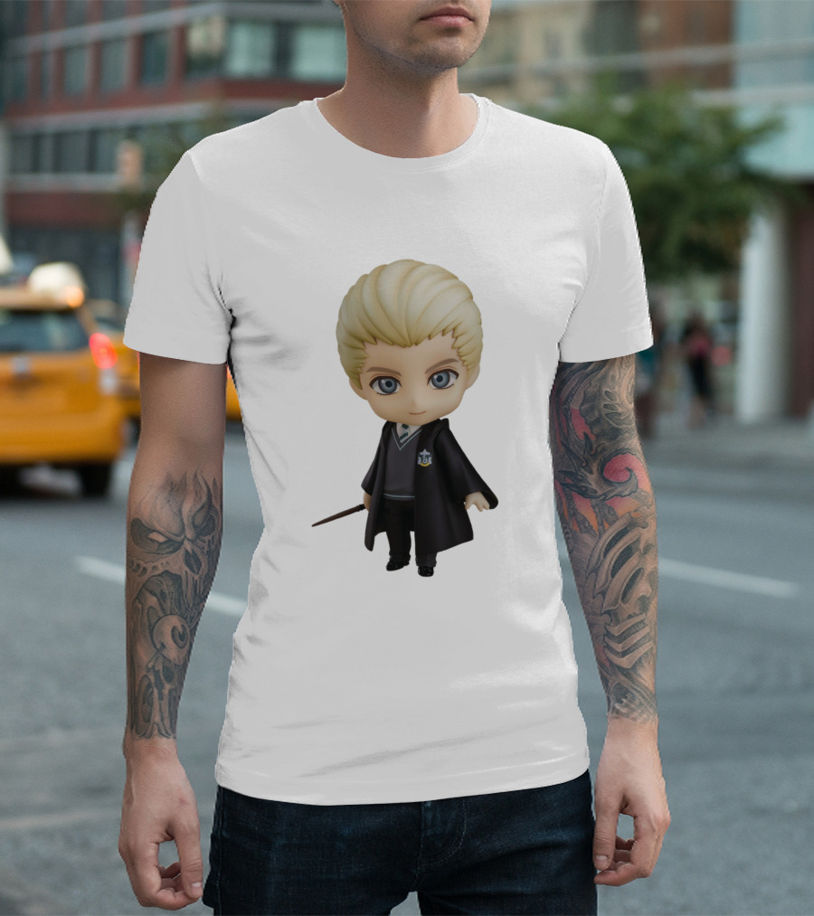 Draco Malfoy Chibi Character in Black Cloak Displaying Wand T-Shirt