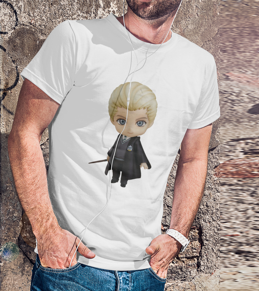 Draco Malfoy Chibi Character In Black Cloak Displaying Wand T-Shirt