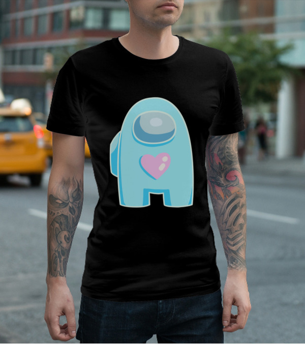 Blue Among Us Crewmate Pink Heart T-Shirt