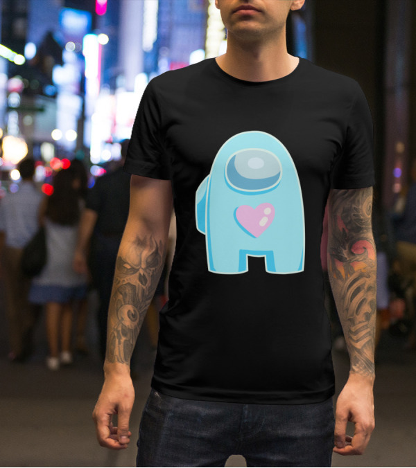 Blue Among Us Crewmate Pink Heart T-Shirt