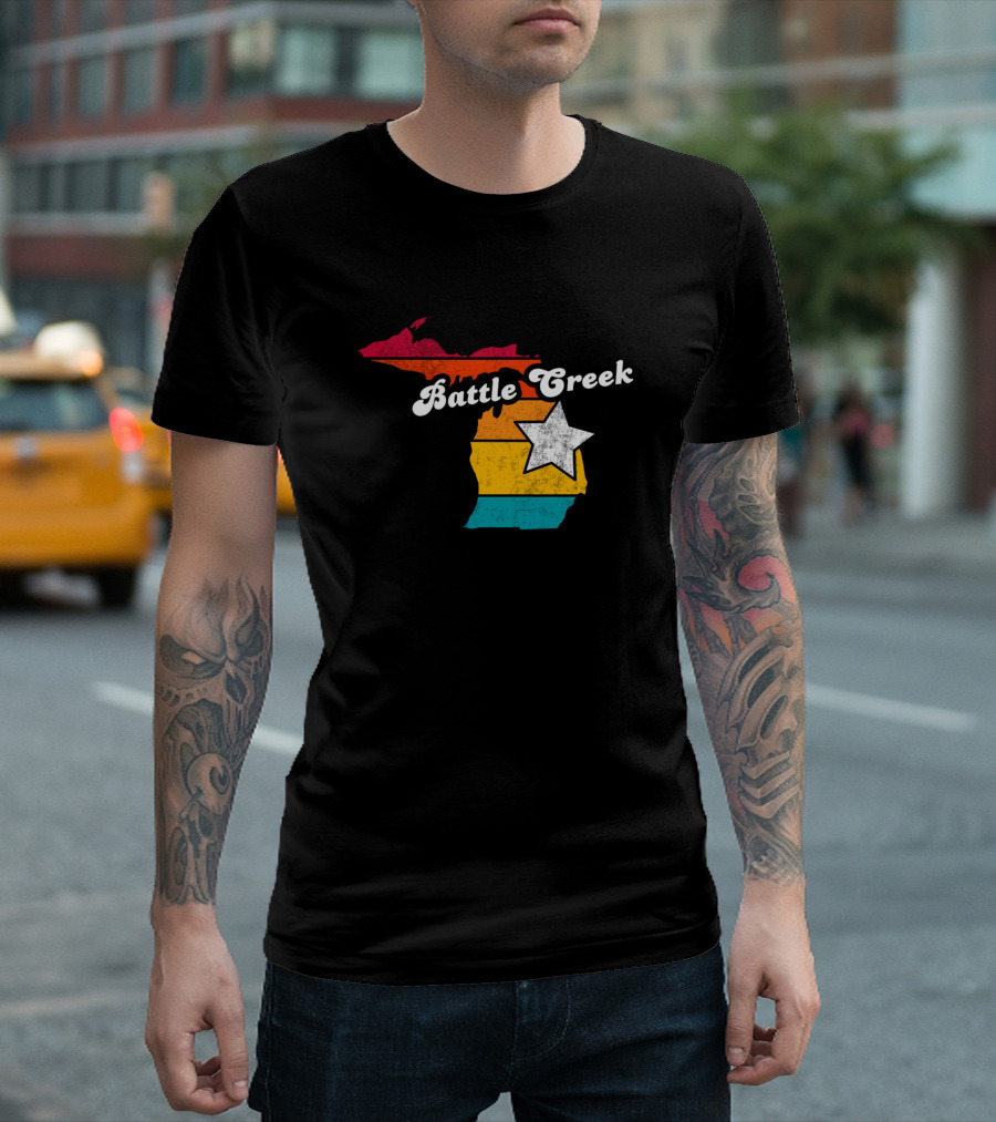 Battle Creek Michigan Retro Map With Star T-Shirt