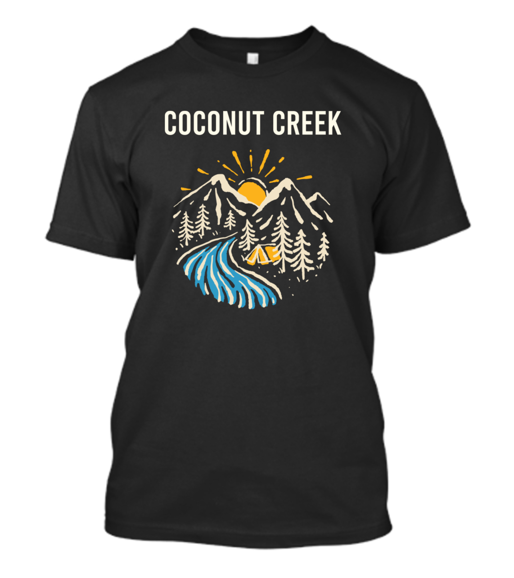 Coconut Creek Mountains Sunrise And River Camping Scene T-Shirt