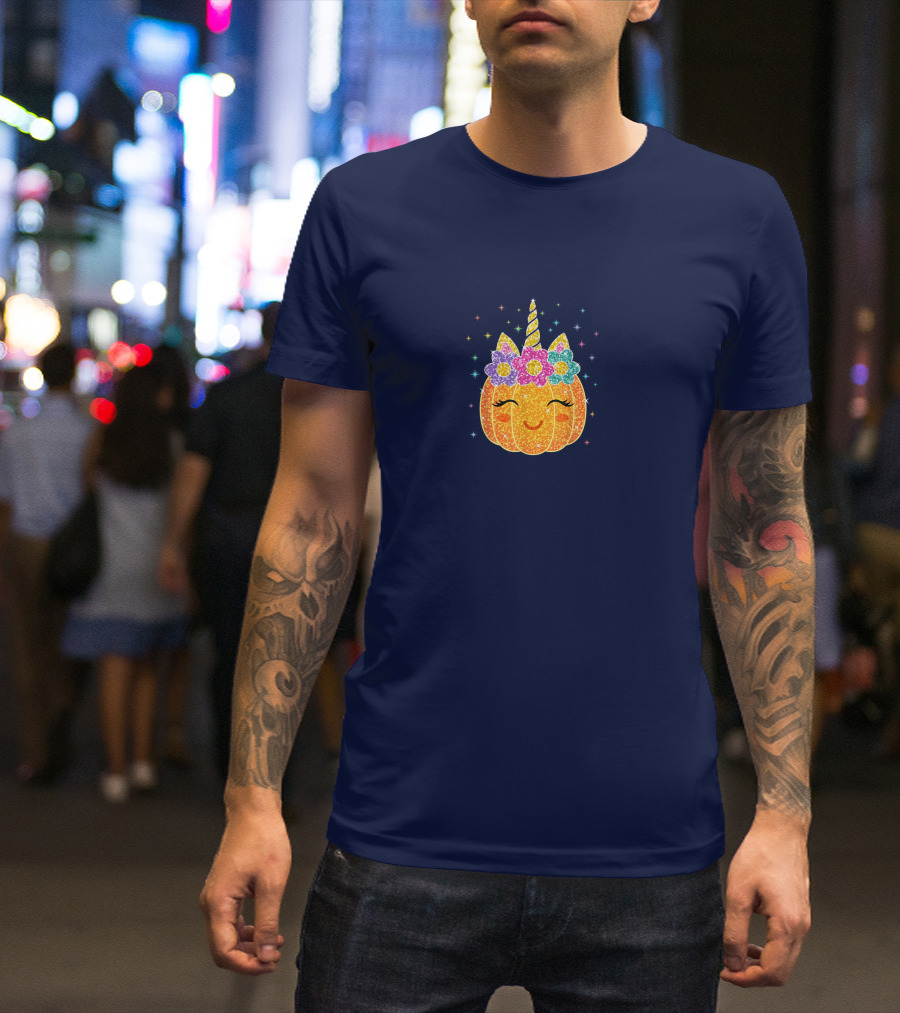Cute Unicorn Pumpkin With Glittery Sparkling Flowers And Stars T-Shirt