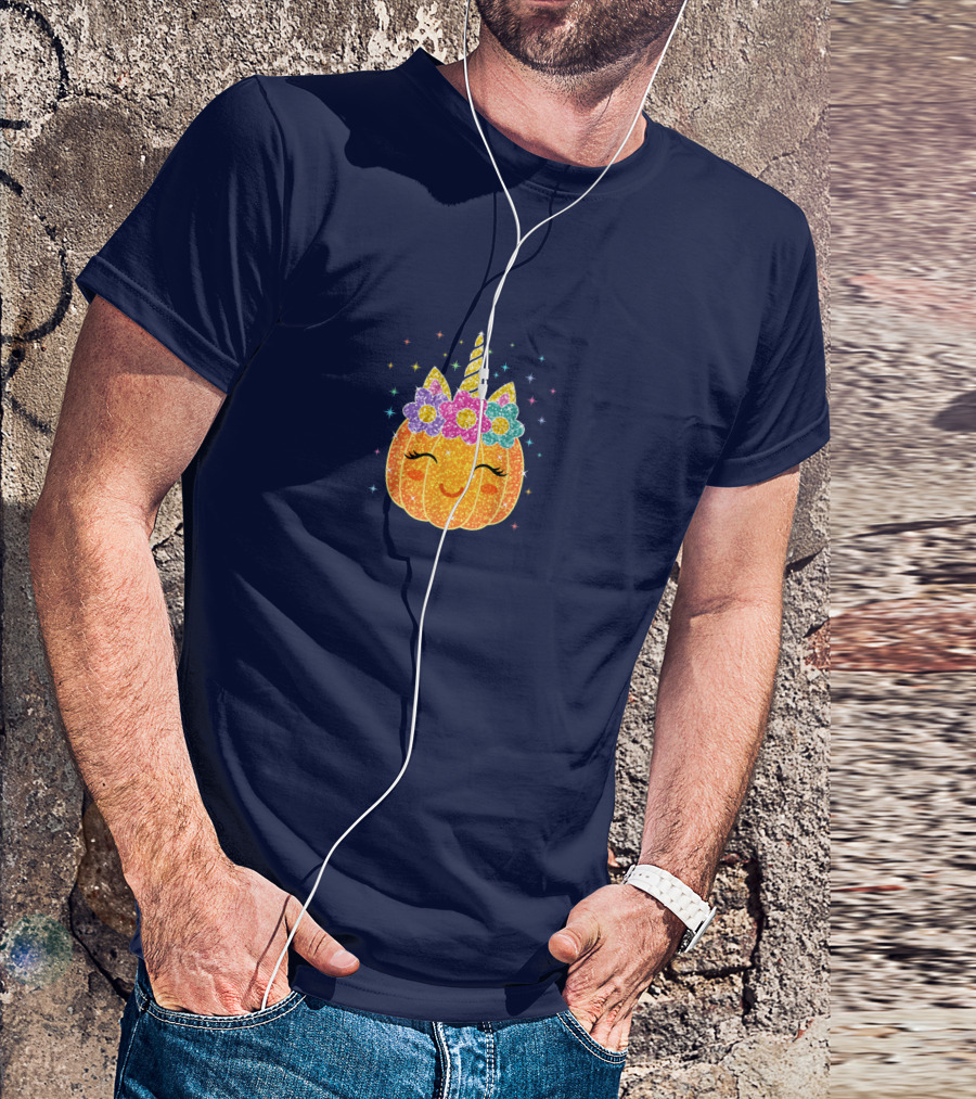 Cute Unicorn Pumpkin With Glittery Sparkling Flowers And Stars T-Shirt