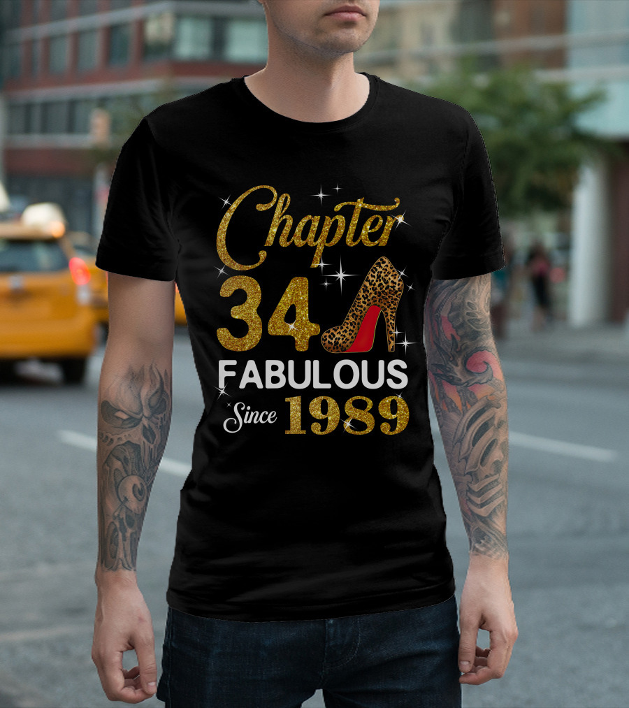 Chapter 34 Fabulous Since 1989 Golden Glitter Leopard Print Heel T-Shirt