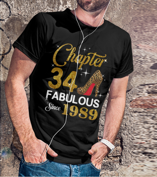 Chapter 34 Fabulous Since 1989 Golden Glitter Leopard Print Heel T-Shirt