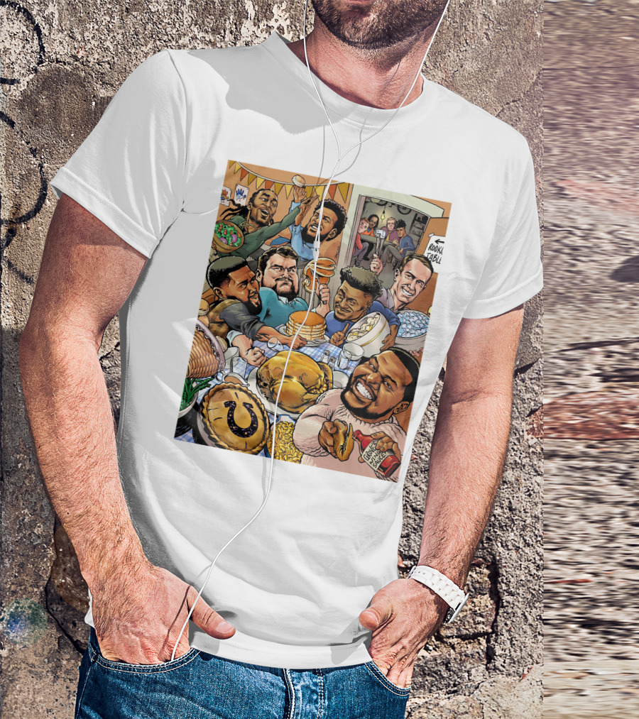 Indianapolis Colts Thanksgiving Feast Cartoon With NFL Players Celebrating T-Shirt
