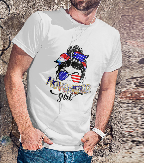 November Girl Patriotic Stars And Stripes Sunglasses And Headband T-Shirt