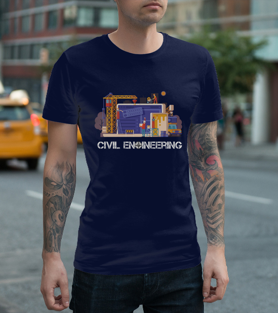 Civil Engineering Construction Scene with Crane and Workers T-Shirt