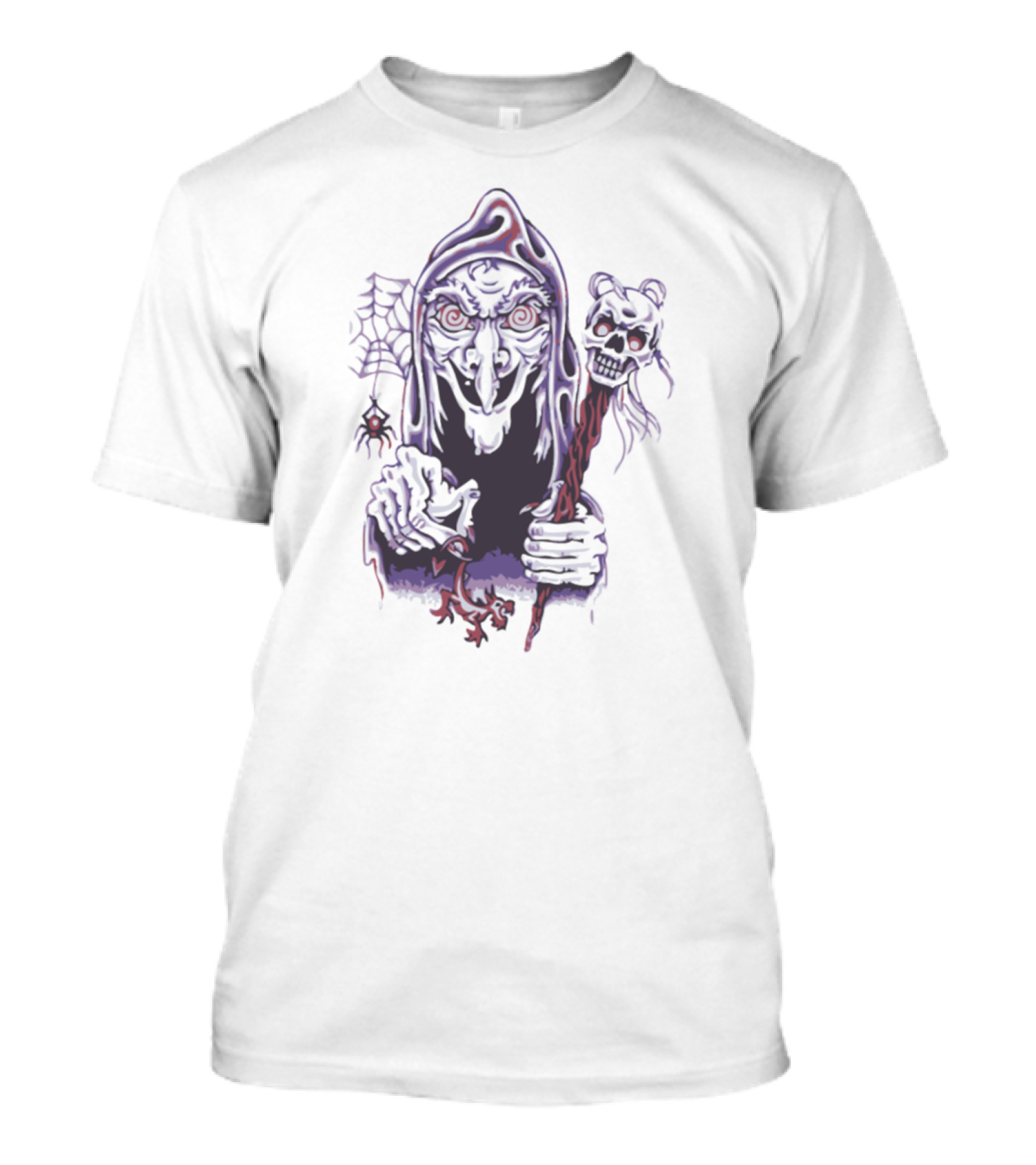 Halloween Witch Hooded Skeleton Staff And Spider Web T-Shirt