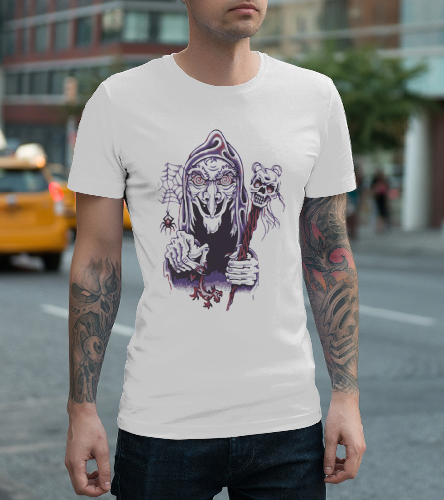 Halloween Witch Hooded Skeleton Staff And Spider Web T-Shirt