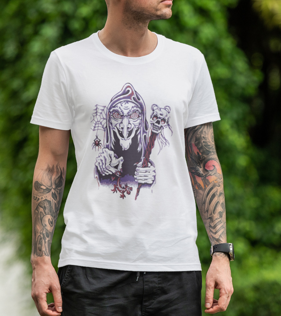 Halloween Witch Hooded Skeleton Staff And Spider Web T-Shirt