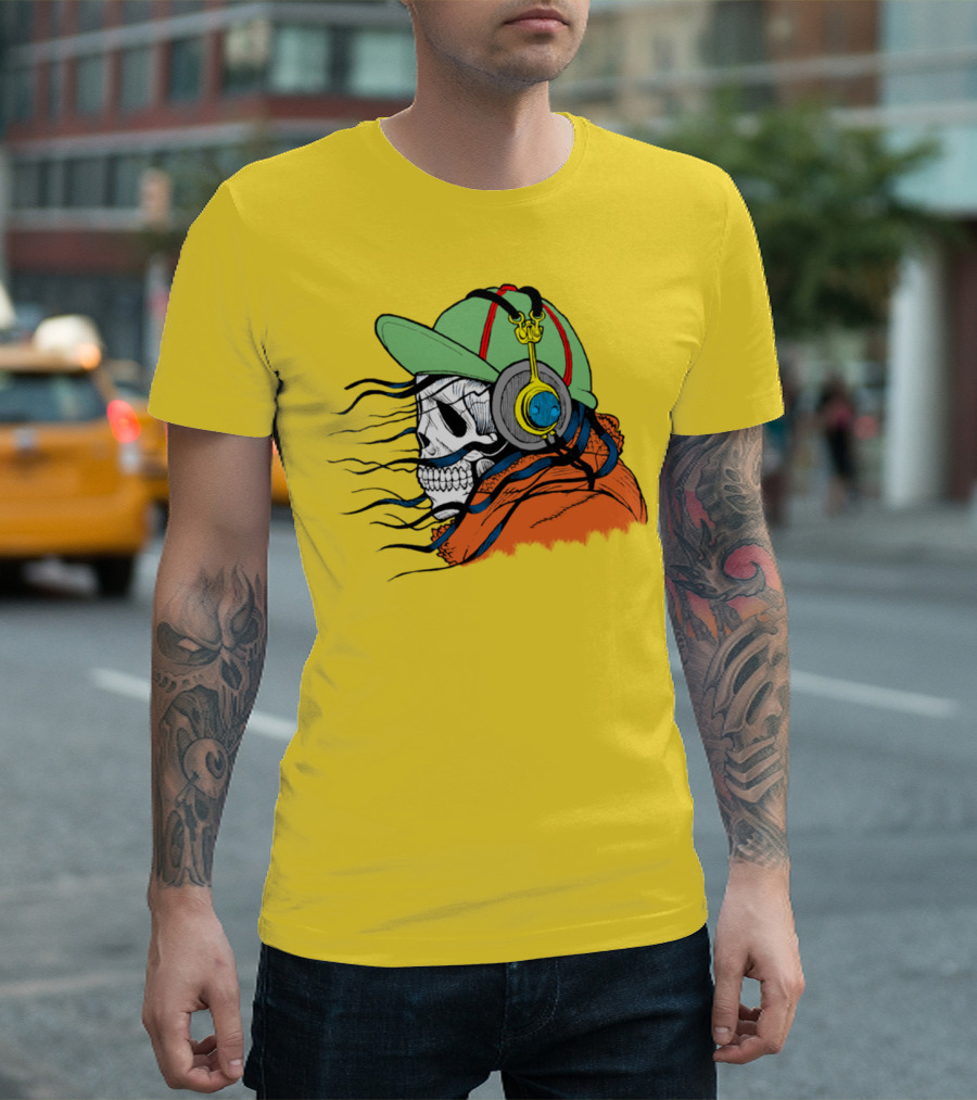Skull with Headphones and Cap in Orange Hoodie T-Shirt