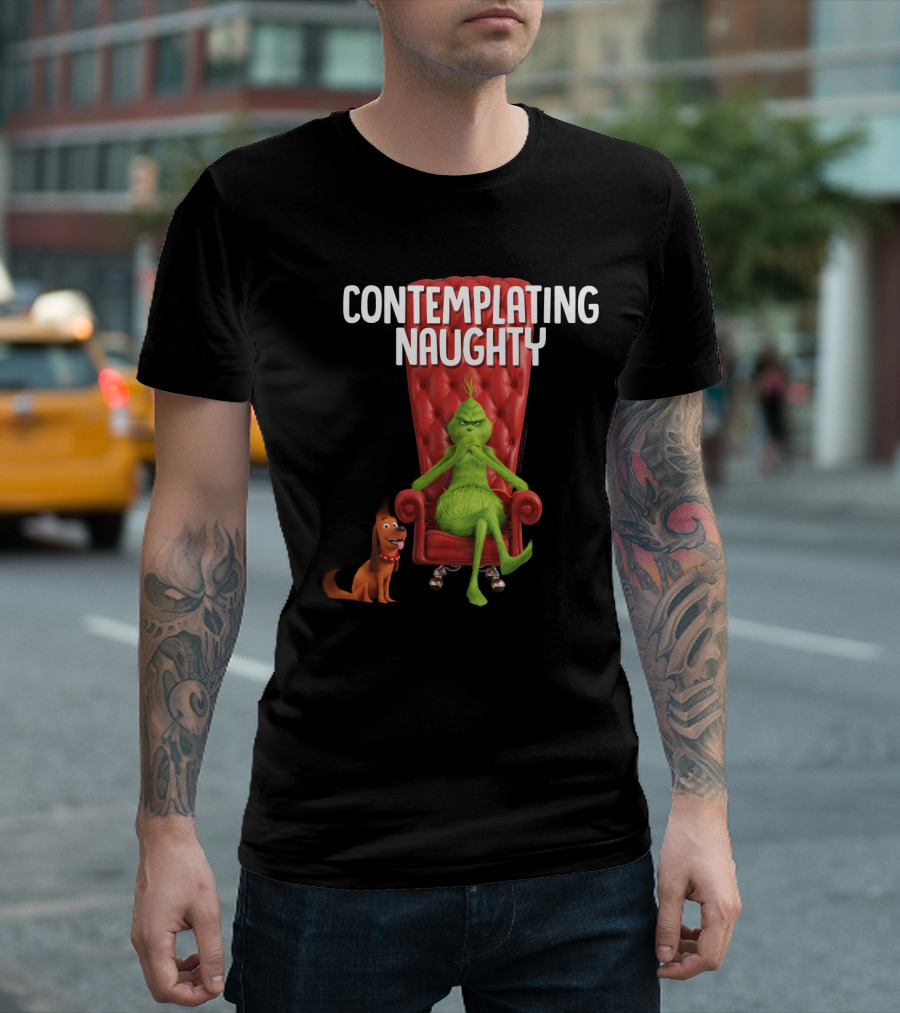 Contemplating Naughty Grinch with Max in Red Chair T-Shirt