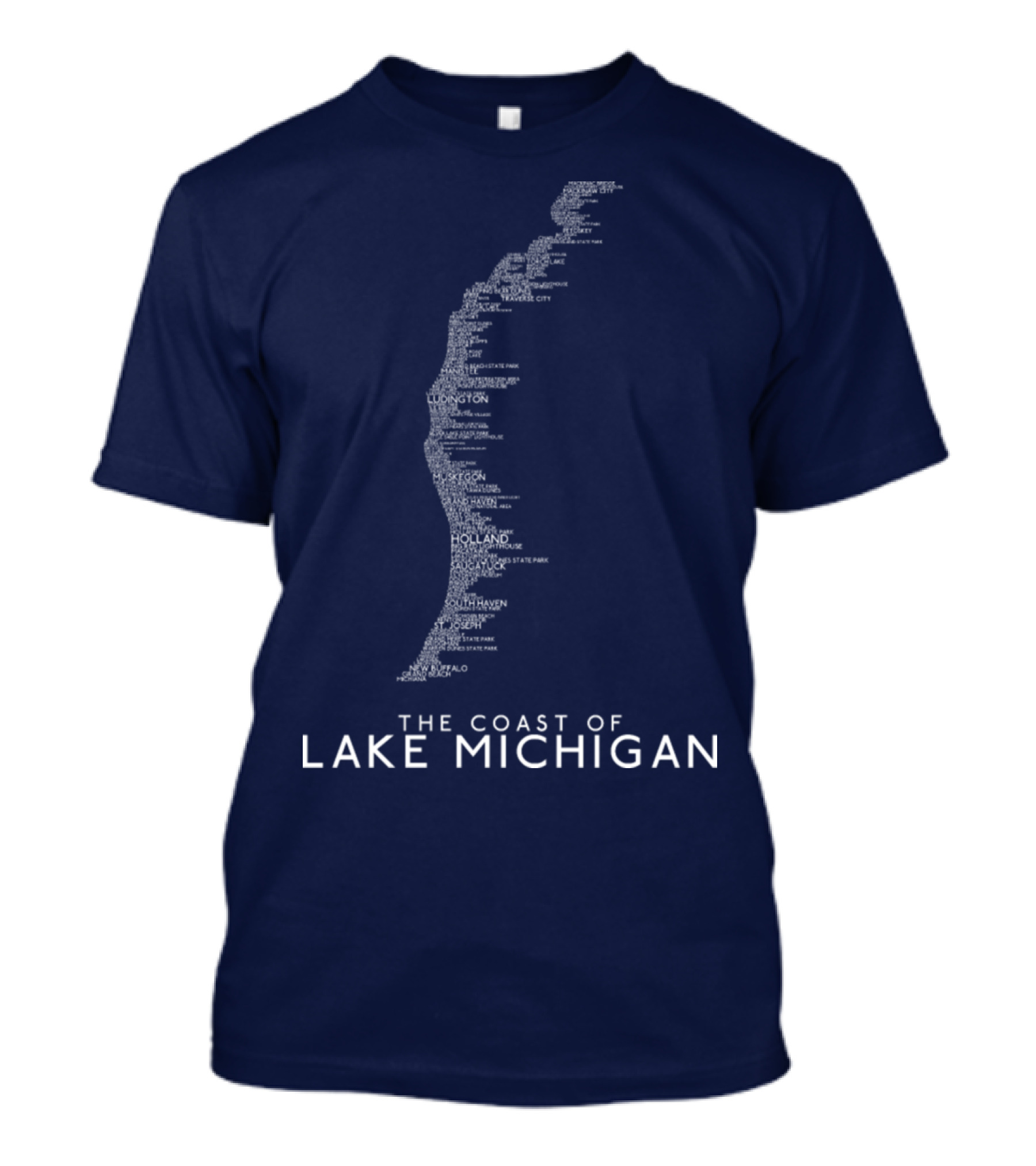 The Coast Of Lake Michigan With Cities, Parks, And Landmarks Along Michigan's Lake Michigan Coastline T-Shirt