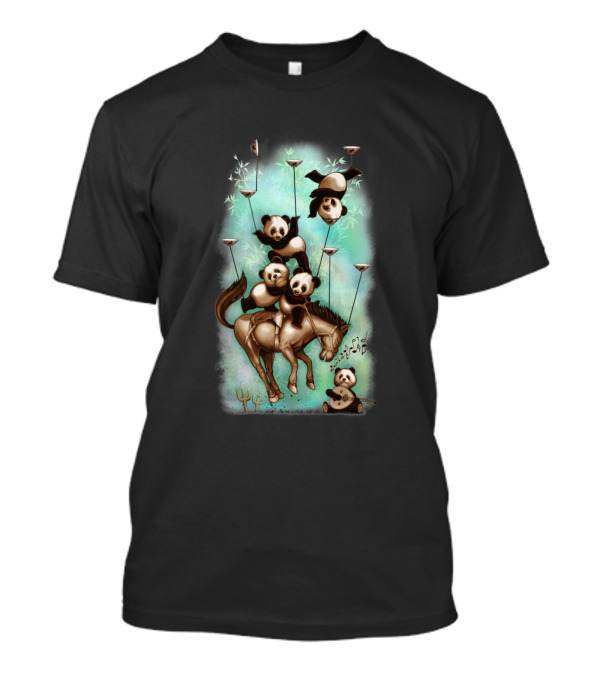 Acrobatic Rodeo Panda Trio Balancing On Horse With Bamboo And Musical Notes T-Shirt