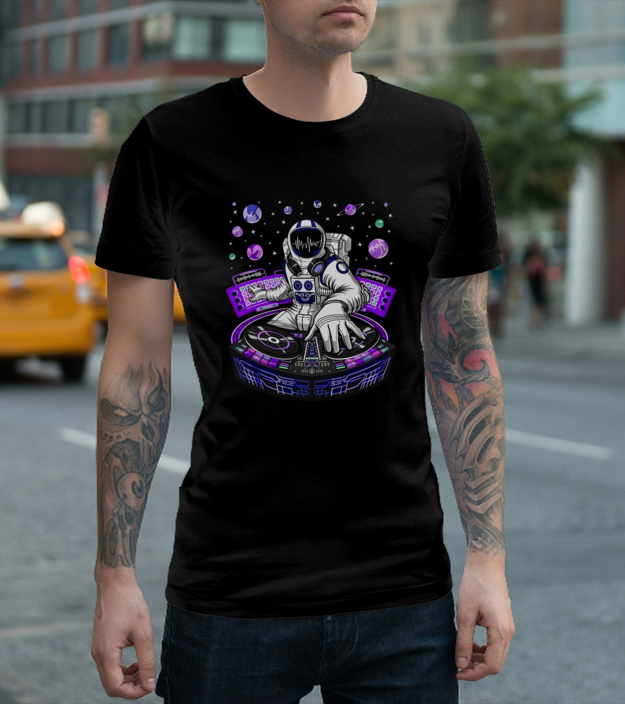 Astronaut DJ Mixing Beats with Planetary Backdrop 1382302 T-Shirt