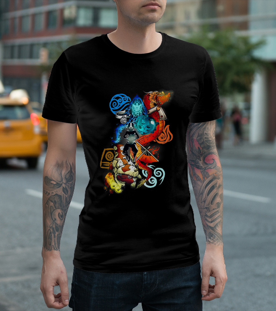 Avatar Bending Elements with Water, Earth, Fire, Air Symbols and Creatures 4828 T-Shirt