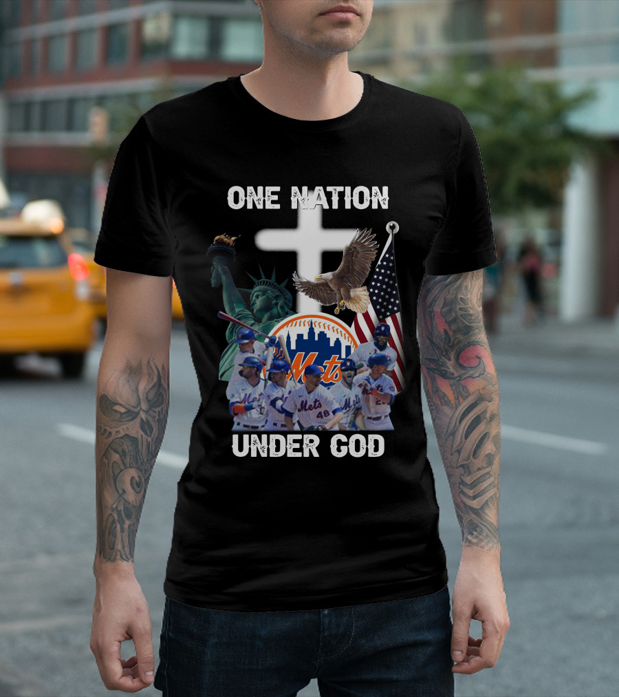 New York Mets One Nation Under God Liberty Eagle Flag Cross Baseball Players T-Shirt