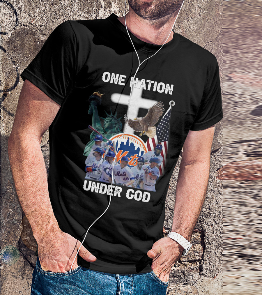 New York Mets One Nation Under God Liberty Eagle Flag Cross Baseball Players T-Shirt