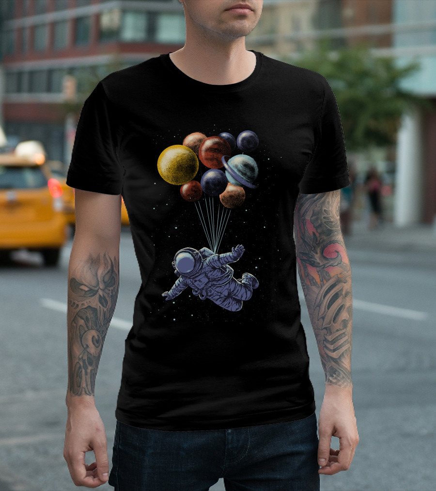 Space Travel Astronaut with Planet Balloons T-Shirt