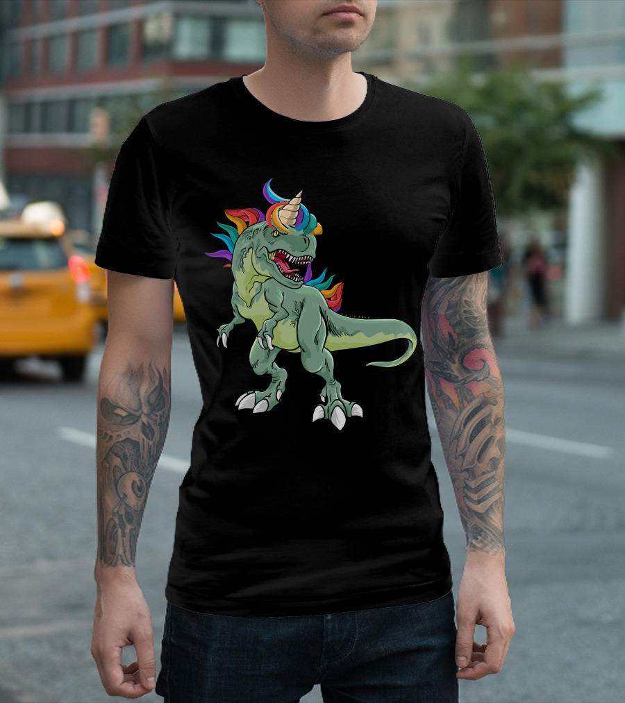 Unicorn Dinosaur Rex With Rainbow Mane And Horn T-Shirt