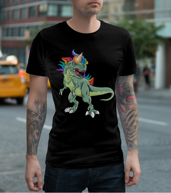 Unicorn Dinosaur Rex With Rainbow Mane And Horn T-Shirt
