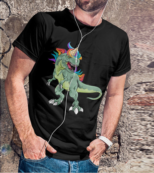 Unicorn Dinosaur Rex With Rainbow Mane And Horn T-Shirt