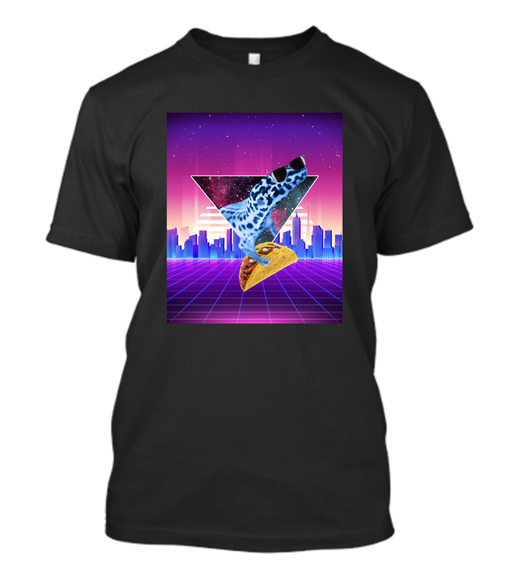 Aesthetic Synthwave Leopard Gecko Taco In Retro Urban Skyline T-Shirt