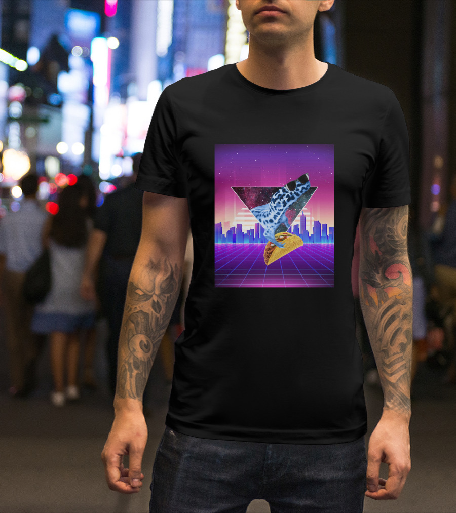 Aesthetic Synthwave Leopard Gecko Taco In Retro Urban Skyline T-Shirt