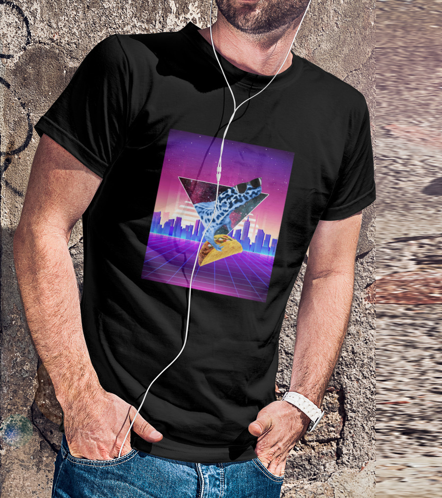 Aesthetic Synthwave Leopard Gecko Taco In Retro Urban Skyline T-Shirt