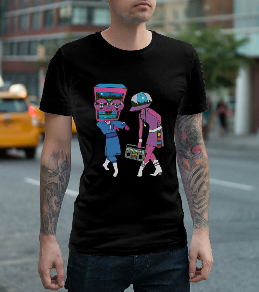 Around The Track 347 Retro Arcade Style Dancing Figures and Boombox T-Shirt
