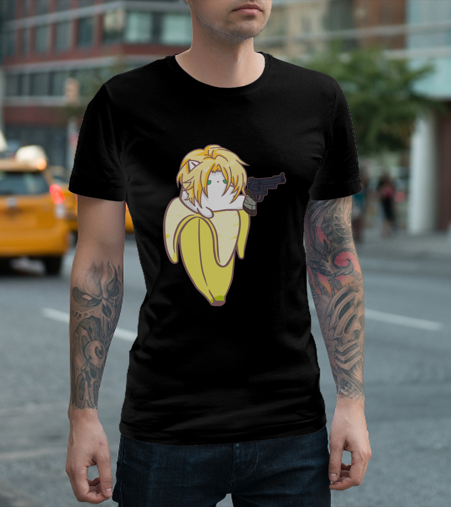 Bananya Fish 990217 Cat in Banana Costume with Toy Gun Anime T-Shirt